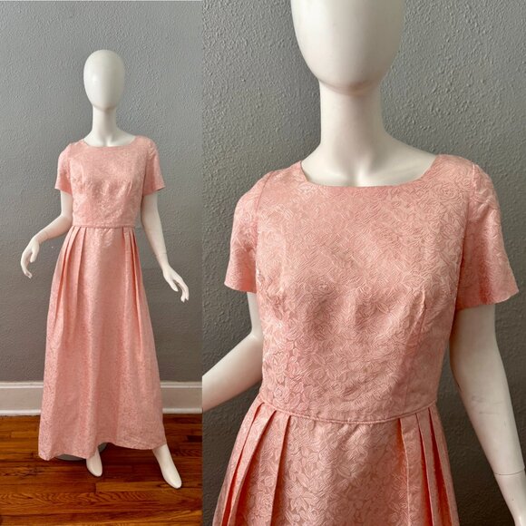 Vintage 60s Pink Floral Brocade Holiday Formal Maxi Dress M - Picture 1 of 16